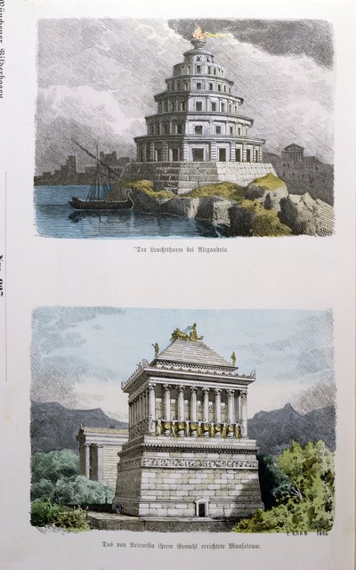 The Great Lighthouse of Alexandria and the Mausoleum at Halicarnassus, from a series of the Seven Wonders of the World published in Munchener Bilderbogen, 1886 by Ferdinand Knab