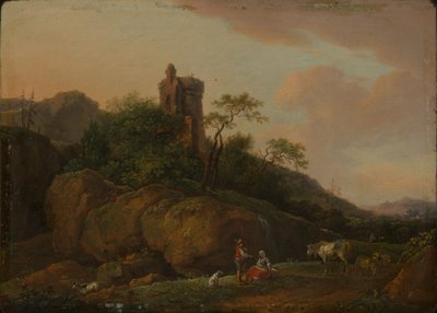 Castle Ruin with Shepherds and Flock by Ferdinand Kobell