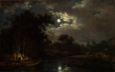 Moonlit Landscape with Fishermen by a Campfire by Ferdinand Kobell
