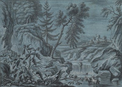 Southern Landscape with a Waterfall and Goats, late 18th Century by Ferdinand Kobell.