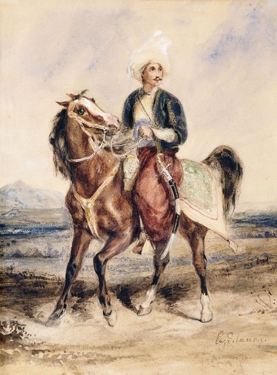 An Arab Warrior on Horseback in a Landscape by Ferdinand Victor Eugene Delacroix