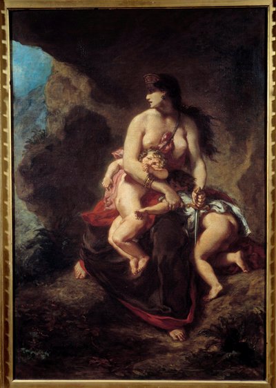 Furious Medea. Medea murders her two children in a cave. Painting by Eugene Delacroix (1798-1863) by Ferdinand Victor Eugene Delacroix