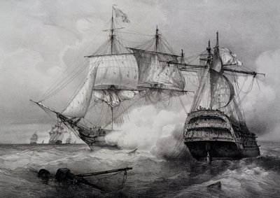 Battle between American 74-gun ship and British frigate, lithograph by Ferdinand Perrot by Ferdinand Victor Perrot