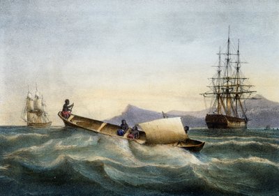Outrigger canoe from Antilles, Colour lithograph by Ferdinand Perrot by Ferdinand Victor Perrot