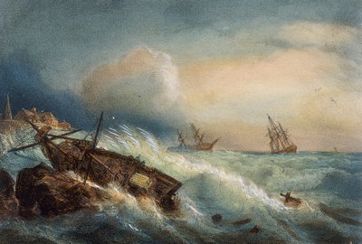 Shipwreck on coast of Saint Nazaire, Colour lithograph by Ferdinand Perrot by Ferdinand Victor Perrot