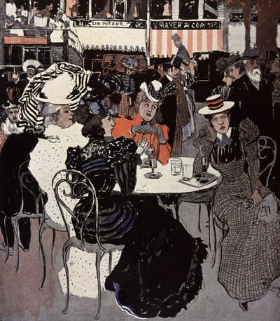 Woman talking at a table outside a cafe. Illustration by Von Reznicek in: Simplicissimus, Germany by Ferdinand von Reznicek