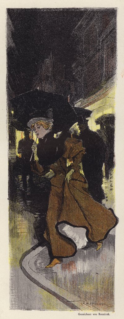 Woman walking on a rainy street at night by Ferdinand von Reznicek