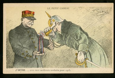 Postcard, Satirical in Colors, ca. 1914: A small gift I offer with my best wishes for 1915 - War of 14-18, Canons, shells - William II, Joffre Illustration by Gottlob by Fernand Louis Gottlob