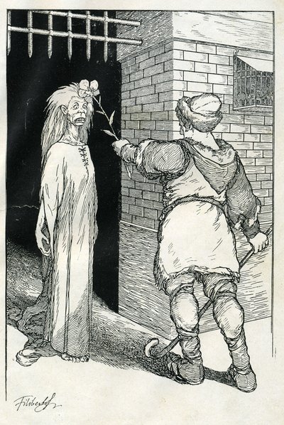 "He First Touched the Old Woman, She Was Petrified". Illustration by Filiberto Scarpelli for the fable "Good Evening Ezekiel" from a collection of fables by the Brothers Grimm "Snow White and Other Tales" by Filiberto Scarpelli