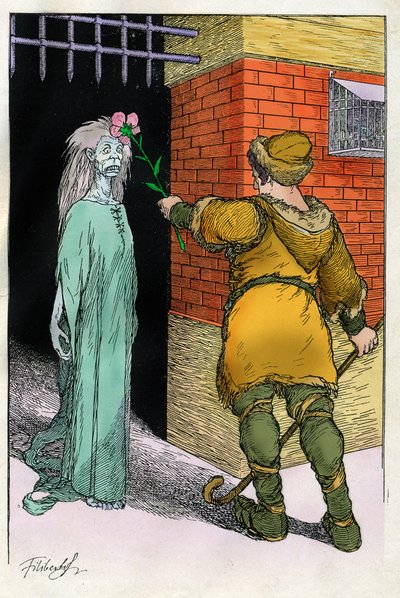 Illustration by Filiberto Scarpelli for the fable "Good Evening Ezekiel" from a collection of fables by the Brothers Grimm "Snow White and Other Tales" by Filiberto Scarpelli