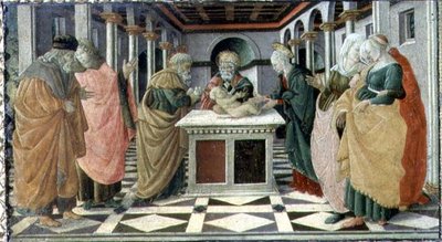 The Presentation in the Temple, predella panel to The Nativity altarpiece in the Museo Civico by Filippino (and workshop) Lippi