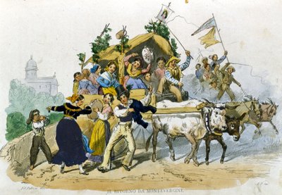 Neapolitans come back cheerfully from the excursion to Montevergine. Drawing by F. Palizzi from 