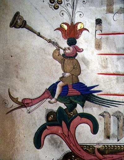 Figure blowing a horn, mounted on a harnessed bird, detail of decorative border from a Choir Book executed before 1449 (detail) by Filippo di Matteo Torelli