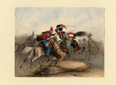 French Horse Chasseurs of the Imperial Guard in Combat with the Russian Cossacks, c. 1830 by Finert