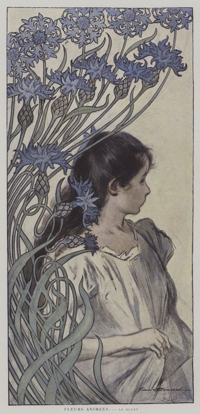 Animated Flowers: the Cornflower (colour litho) by Firmin (after) Bouisset
