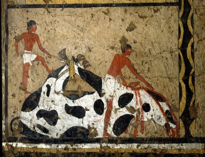 Egyptian antiquity: a bull is sacrificed before a sarcophagus. Tempera on clay and straw from the tomb of the General and Chancellor of King Iti in El Ghebelen near Luxor. 2200-2000 BC. Turin, Egyptian Museum by First Intermediate Period Egyptian