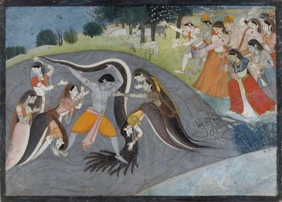 Krishna Subduing Kaliya, the Snake Demon: Folio from a Bhagavata Purana Series by First generation after Manaku and Nainsukh.