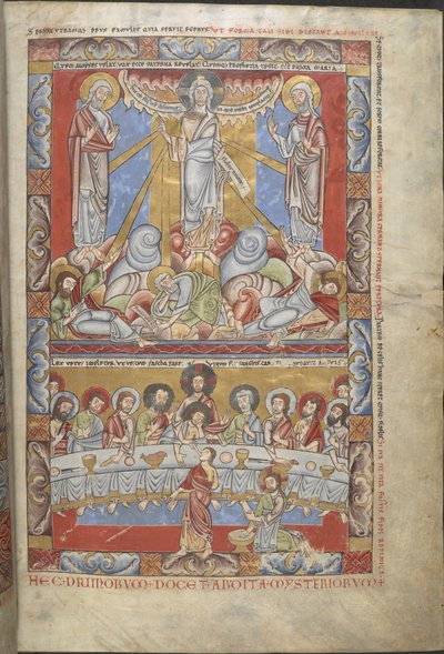 Full-page miniature in two registers, of the Transfiguration of Christ and the Last Supper, illustrations from 