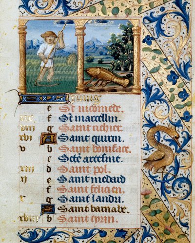 Calendar, June: A Peasant Mowing and the Sign of Cancer. Page from a Book of Hours, 16th Century, Badia de 