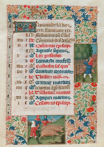 Calendar depicting November, Acorns and Herds of Pigs by Flemish School