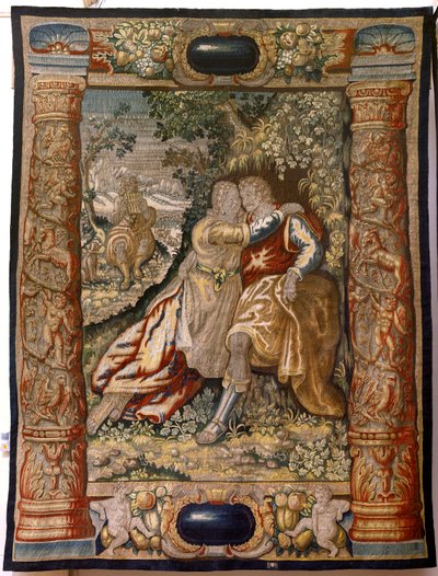 Flemish Tapestry. Series Gallantry. Couple with Musician. Manufacture Brussels, Early 17th Century. Fabric Silk and Wool, 5/6 Warps per cm. Size 348 x 263 cm. Location Church of San Millán de la Cogolla, Oncala (Soria). by Flemish School