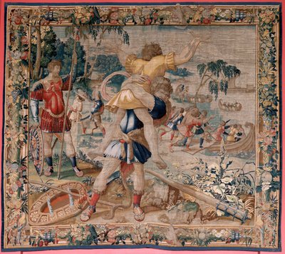 Flemish tapestry. Series The Labours of Hercules. Hercules and Antaeus. Fourth tapestry in the extant series. Model Unknown. Manufacture Willem Dermoyen, Brussels. Ca 1528. Fabric Silk and wool. Size 362 x 403 cm. Location Royal Palace by Flemish School
