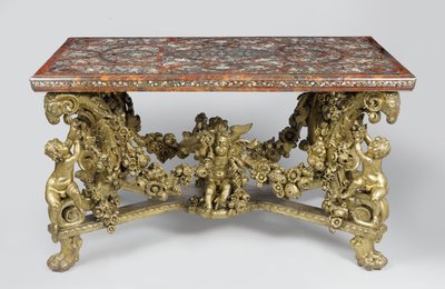 Marquetry table on carved and gilded lime wood base by Flemish School