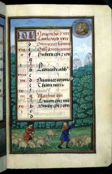 Herding Swine and Beating Oaks, Illuminated Calendar Page for November, from a Book of Hours, c.1500 by Flemish School