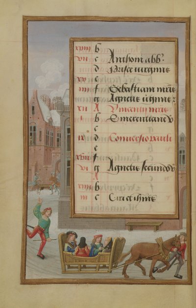 Street Scene in the Snow, illuminated calendar page for January, from a Book of Hours, c.1500 by Flemish School
