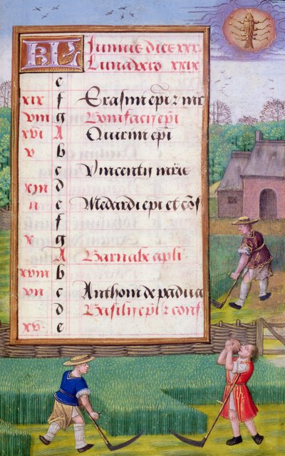 Mowing Grass, illuminated calendar page for June, from a Book of Hours, c.1500 by Flemish School