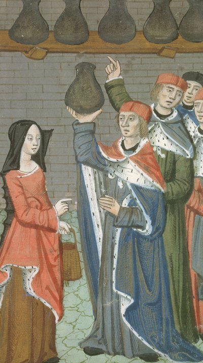 Woman with basket bringing urinalis magnus, from De Medina Fen I. II, by Avicenna (980-1037) by Flemish School