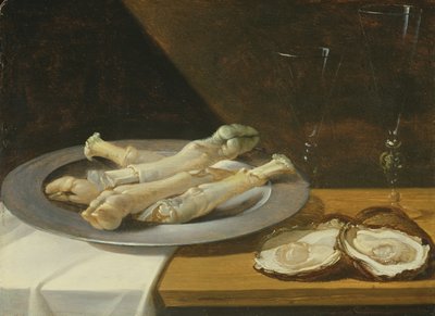 Pigs Knuckles on a Pewter Plate with Oysters and Wine Glasses on a Draped Table (c.1630) by Flemish School