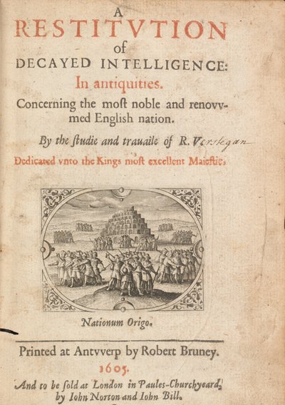 Title page of Restitution of Decayed Intelligence by Richard Verstegam, Antwerp, 1605 by Flemish School
