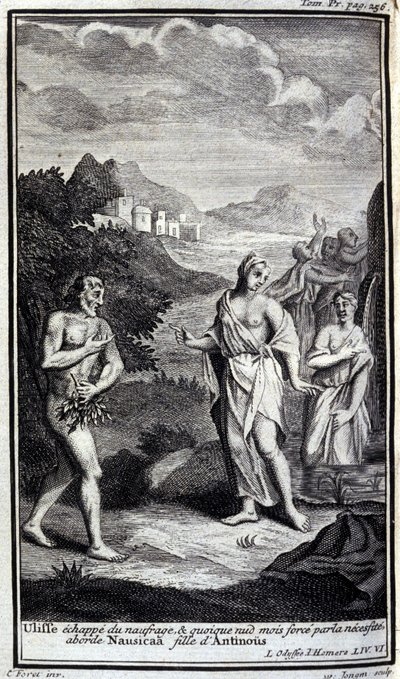 Ulysses escapes from the shipwreck, and although naked but forced by necessity approaches Nausicaa, daughter of Antinous. Illustration for book VI of the Odyssey by Homer, in the Odyssey, published in Amsterdam in 1731, Milan by Flemish School