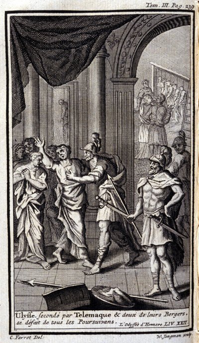 Ulysses seconded by Telemachus and two of their shepherds disband all the pursuers. Illustration for book XXII of the Odyssey by Homer, in the Odyssey, published in Amsterdam in 1731, Private Collection Milan by Flemish School