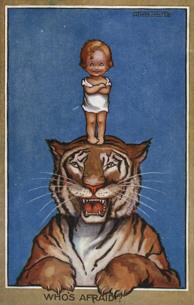 Baby Standing on Head of Tiger by Flora White
