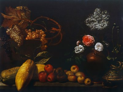 Still life with jug of copper, roses, grapes, elder flowers, citrus and apples by Florentine School