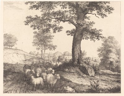 Shepherd and Flock under an Ancient Tree by Florian Grospietsch