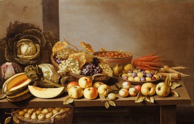 Bowls of Fruit and Nuts on a wooden table with a Basket of Pears beneath by Floris Gerritsz van Schooten
