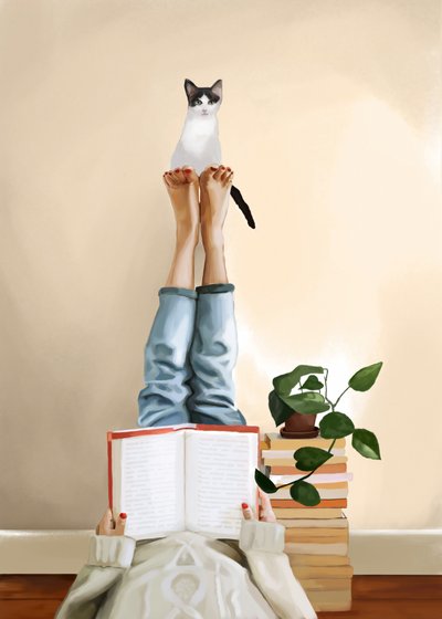 Cozy Cat Reading by Flow Line
