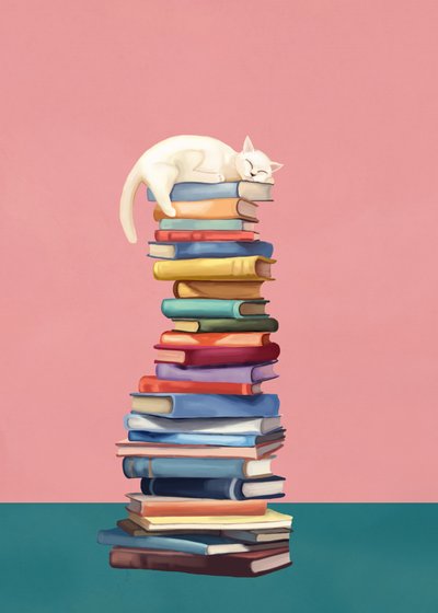Cozy Cat on Colorful Books by Flow Line