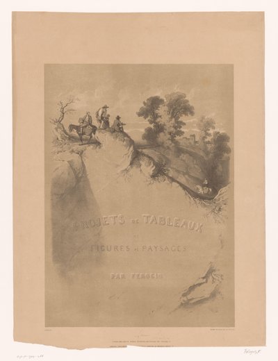 Title Page with Rocky Landscape and Travelers Along a Gorge (Landscape and Figure Studies by Férogio) by Fortuné Ferogio