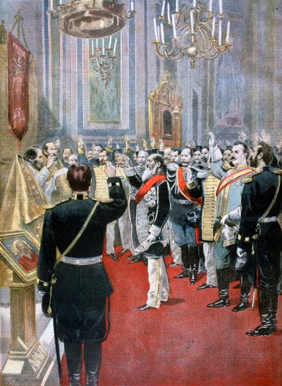 Swearing the oath of allegiance to Tsar Nicholas II, Russian church in Paris, 1894 by Fortuné Méaulle