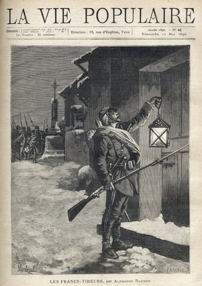 A soldier carrying all his gear, a bayonet rifle, and waving a lantern in front of the closed door of a townhouse. Behind him, near the Iron Cross, the rest of the troupe arrives to join him. Illustration for Les Francs Shoirers by Alph by Fortune Louis Meaulle