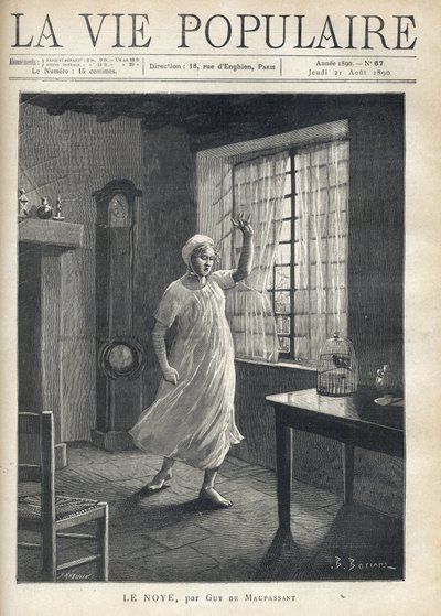 A woman in a shirt and night cap, with a face full of fear, stands barefoot in front of the window of her house. Illustration by W by Fortune Louis Meaulle