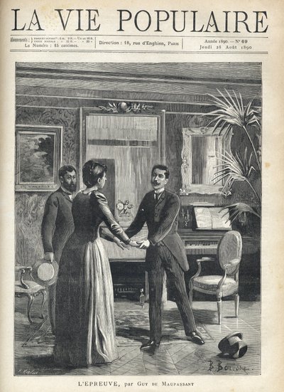 In a bourgeois living room, a man rises precipitously towards the mistress of the house and grabs her hands, dropping his hat on the floor, under the astonished gaze of another man. Illustration by Bernard Borione for the text by Guy by Fortune Louis Meaulle