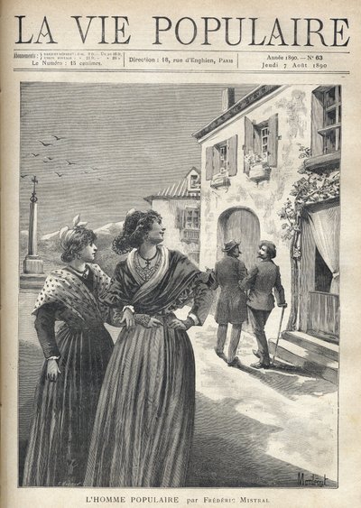 In the streets of a village in Provence, two pretty women in Provencal dresses turn back to the street to confront a man who turns confidently towards their eyes. Illustration by Montegut for The Popular Man by Frederic Mistral (1830-1914). Engraving by Fo by Fortune Louis Meaulle