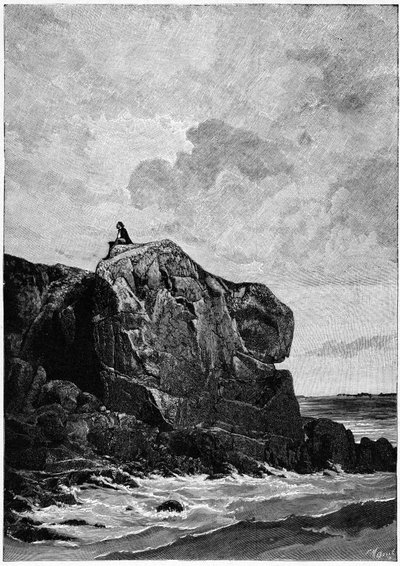 Victor Hugo in exile in Jersey in 1855, on the Proscriit Rock. Engraving by Louis Fortune Meaulle (1844-1901), of which Hugo said: "I think, il grave" by Fortune Louis Meaulle