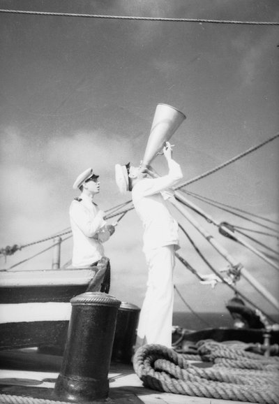 On Training Ship Amerigo Vespucci: Cadets with Megaphone by Fosco Maraini