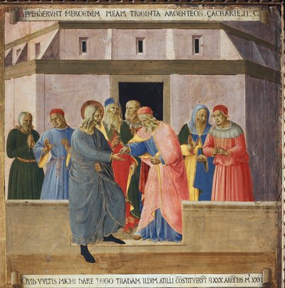 Judas Went to the Chief Priests and Agreed to Hand Over Jesus in Exchange for Thirty Silver Coins. Life of Christ, Armadio degli Argenti by Fra  Angelico